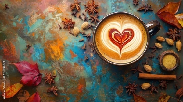 Fototapeta vibrant chai latte setup with a latte art heart, surrounded by scattered spices like star anise, cardamom, and cinnamon on a rustic table