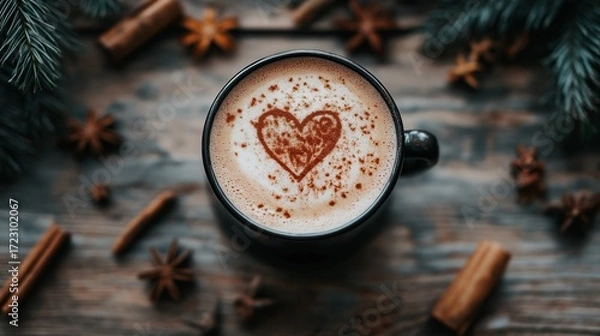 Fototapeta vibrant chai latte setup with a latte art heart, surrounded by scattered spices like star anise, cardamom, and cinnamon on a rustic table