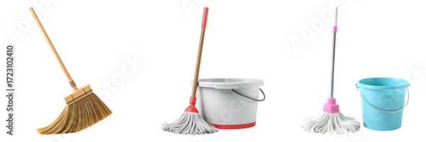 Fototapeta Cleaning essentials including a broom, mop and bucket trio presented vibrantly on transparent background