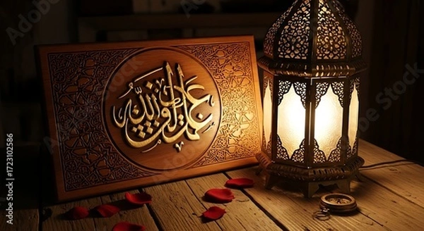 Fototapeta Eid Mubarak Lantern and Calligraphy Art.