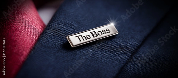 Obraz Extreme close-up of a lapel pin on a blue suit of an unrecognizable businessman with the words “The Boss” written on it in silver letters. Generative Ai.