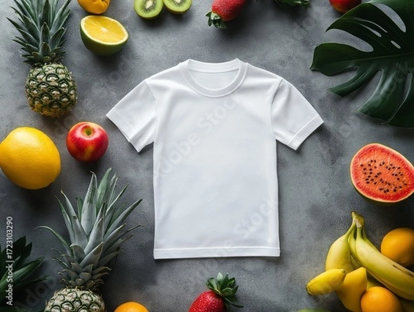 Fototapeta white t-short styled flat on a gray concrete surface with exotic fruits nearby.