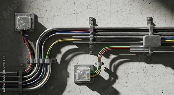 Fototapeta Electrical Wiring System with Conduits and Junction Boxes.
