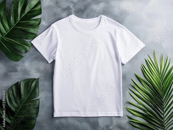 Fototapeta white t-short styled flat on a gray concrete surface with exotic tropical leaves nearby.