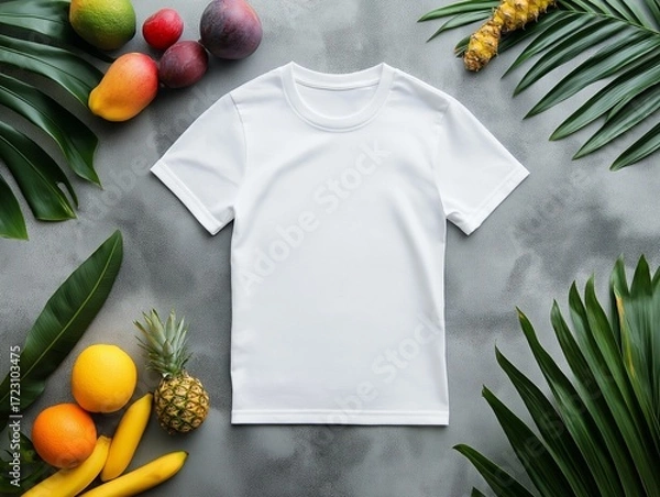 Fototapeta white t-short styled flat on a gray concrete surface with exotic fruits nearby.