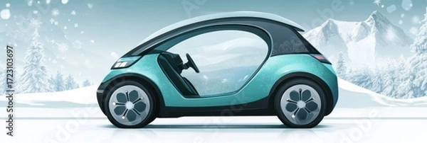 Fototapeta Creative abstract winter automotive background with autonomous driving car in snowy landscape for futuristic commercial advertising design and seasonal poster concepts.