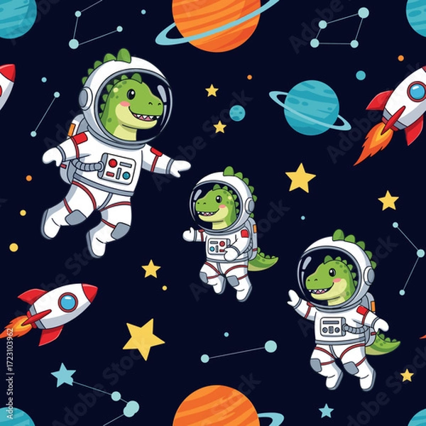 Fototapeta Cheerful cartoon astronaut dinosaurs exploring a starry cosmos with planets and rockets Kids adventure