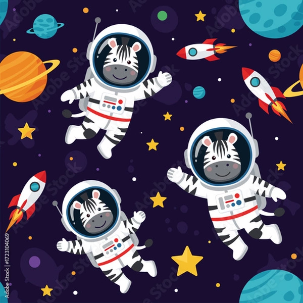 Fototapeta Cute cartoon zebras in astronaut suits exploring space with rockets and planets Fun kids adventure concept