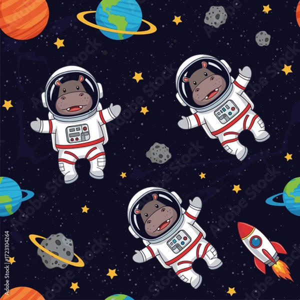 Fototapeta Playful cartoon hippos in astronaut suits floating in space with planets stars and rockets Fun adventure