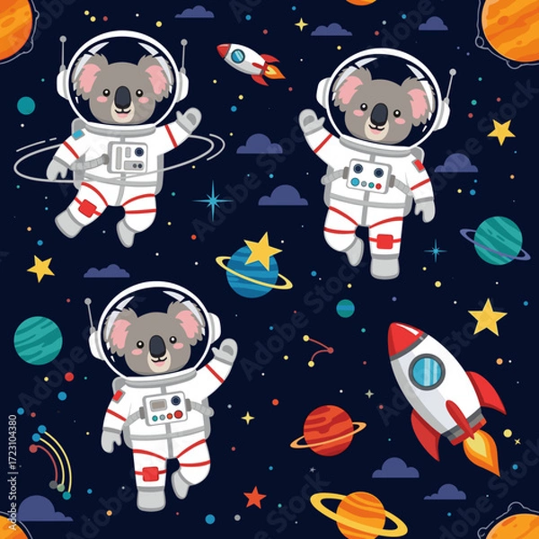 Fototapeta Cute koala astronauts in space with planets stars and rockets Fun adventurous design
