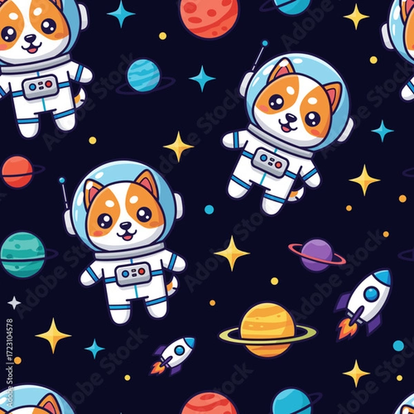 Fototapeta Adorable astronaut dogs planets and rockets in a fun space exploration seamless pattern