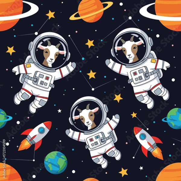 Fototapeta Adorable astronaut goats float in space with planets stars and rockets Kids theme