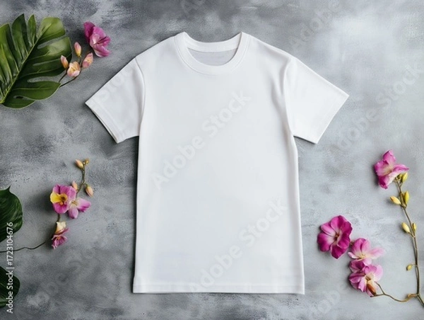 Fototapeta white t-short styled flat on a gray concrete surface with exotic fruits nearby.