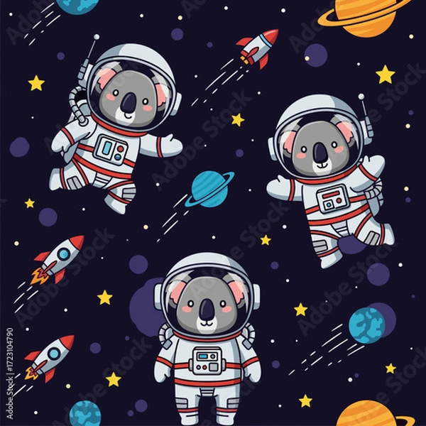Fototapeta Cute koala astronauts exploring space with rockets and planets Fun childrens adventure concept