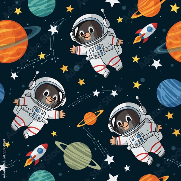 Fototapeta Cute cartoon moles in astronaut suits float happily in space with planets stars and rockets