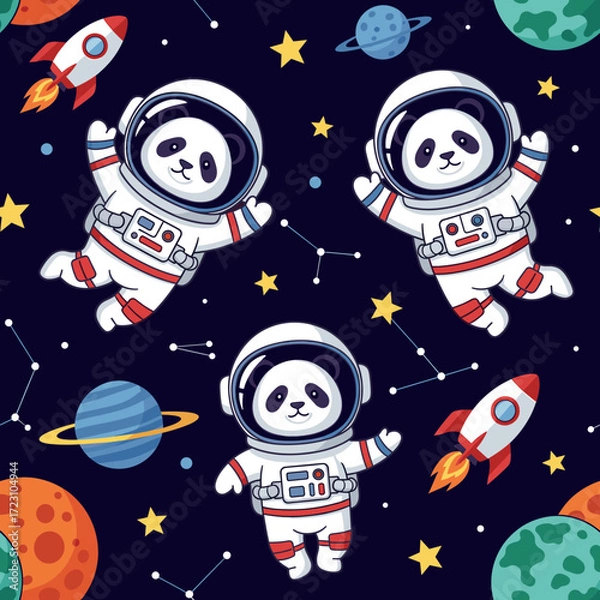 Fototapeta Cute astronaut pandas float among stars planets and rockets in a whimsical space adventure