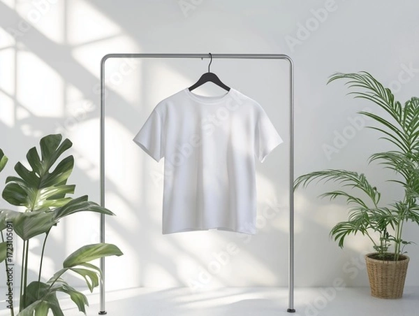 Fototapeta white T-shirt hanging on a metal rack with a clean white studio background, perfect for a product photoshoot, modern room with plants background