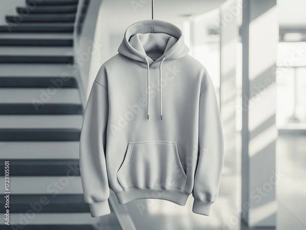 Fototapeta white hoodie in heather gray draped elegantly in a modern loft with soft natural lighting