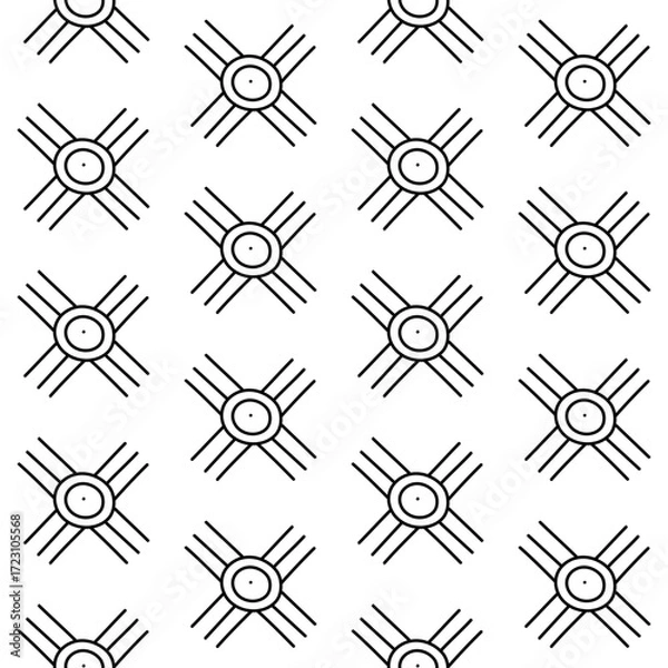 Fototapeta A pattern, a linear ornament of the first American settlers, Indians. Repeating seamless texture of circles with rays in different directions. Relief texture. American Indian symbols