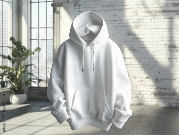 Fototapeta white hoodie in heather gray draped elegantly in a modern loft with soft natural lighting