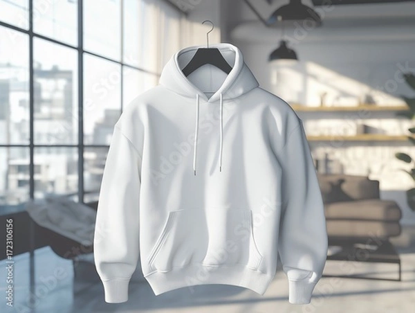 Fototapeta white hoodie in heather gray draped elegantly in a modern loft with soft natural lighting