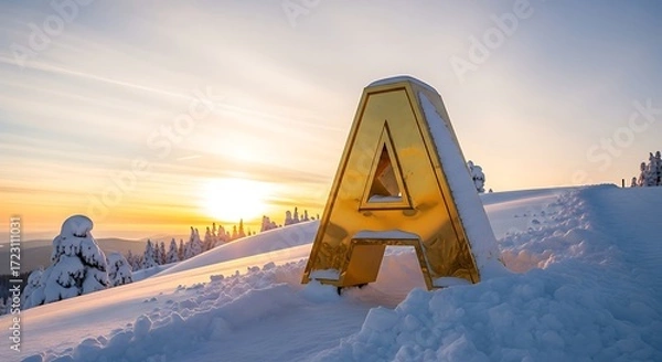 Fototapeta Golden Letter 'A' Amidst a Snowscape at Sunset, with an ethereal glow