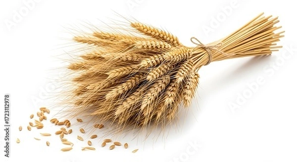 Fototapeta Golden Wheat Sheaf with Scattered Grains Isolated on a White Background