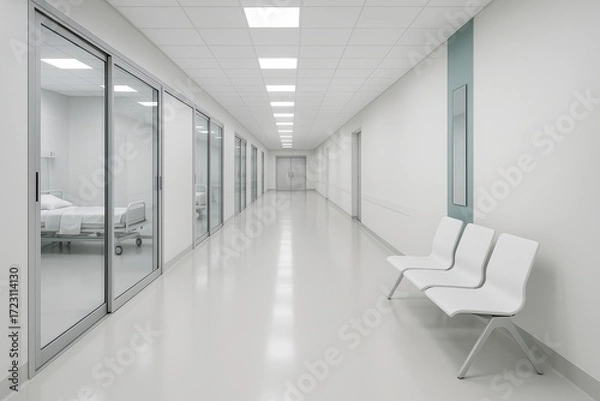 Fototapeta Empty modern hospital corridor with clean white walls, patient rooms on the left, and minimalist waiting chairs, under bright ceiling lights. Ai generative