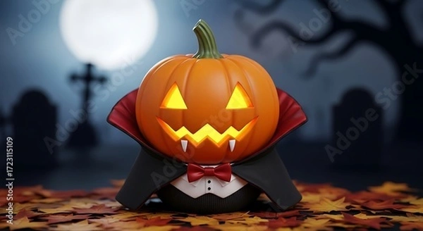 Fototapeta Halloween vampire pumpkin with glowing face on autumnal leaves arrangement