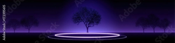 Fototapeta Abstract purple business background with glowing neon circles and luminous frames featuring minimalist fantasy elements and tree silhouettes for creative commercial poster template design.