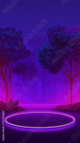 Fototapeta Abstract purple business background with glowing neon circles and luminous frames featuring minimalist fantasy elements and tree silhouettes for creative commercial poster template design.