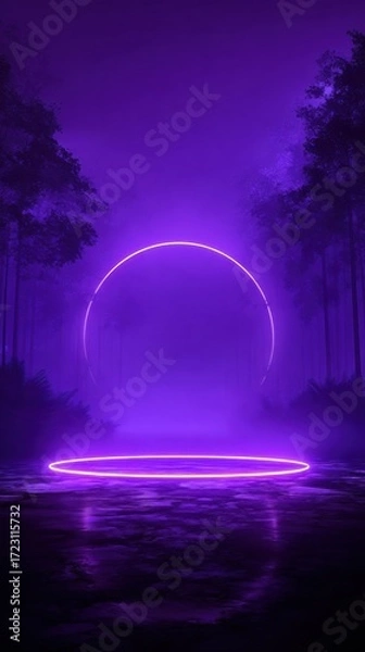 Fototapeta Abstract purple business background with glowing neon circles and luminous frames featuring minimalist fantasy elements and tree silhouettes for creative commercial poster template design.