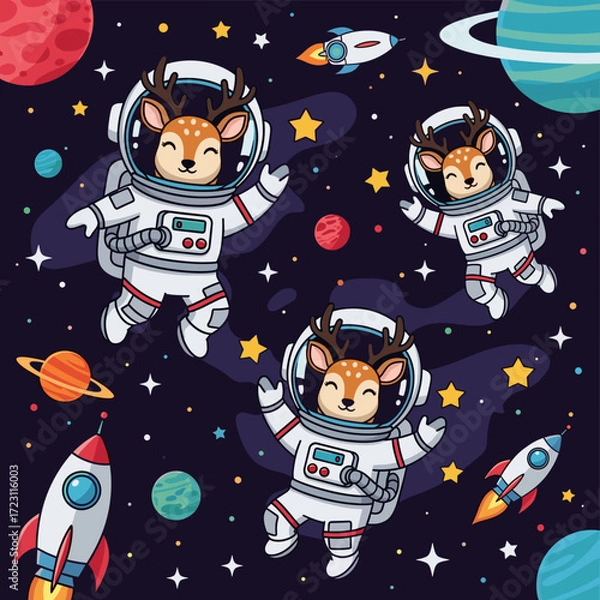 Fototapeta Happy deer astronauts float among planets and stars in a whimsical space adventure