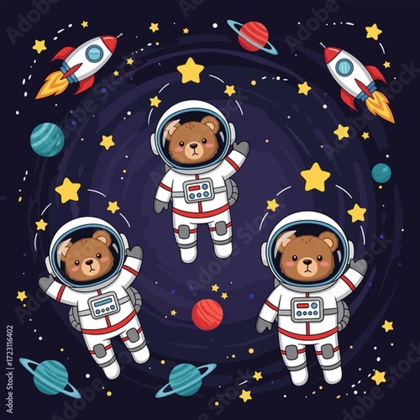 Fototapeta Three cute astronaut bears float among stars rockets and planets in deep space Kids adventure