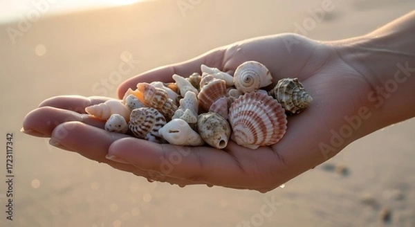 Fototapeta Hand displaying an assortment of seashells collected from a sandy beach