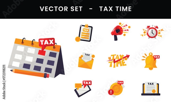 Obraz Diverse collection of tax related icons perfect for tax preparation, accounting, finance, and businessrelated designs for tax season.