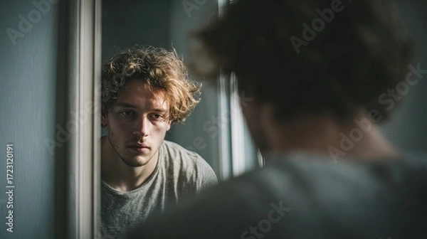 Fototapeta Young man contemplating identity crisis in the mirror intimate indoor setting portrait photography emotional environment close-up viewpoint