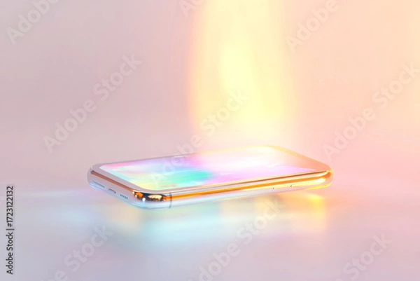 Fototapeta Futuristic smartphone with iridescent glow for gaming and entertainment design