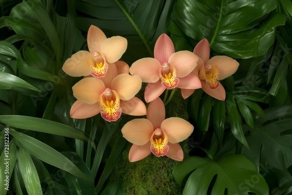 Fototapeta Vibrant orchids in lush jungle foliage for nature and botanical designs