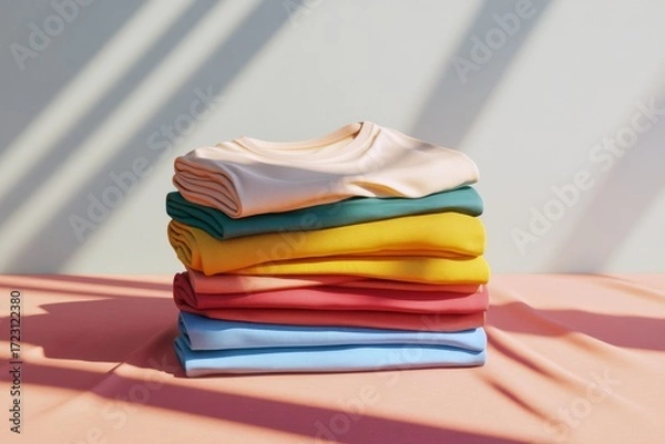 Fototapeta Stack of colorful T-shirts displayed in soft natural light on a pastel surface in a serene setting