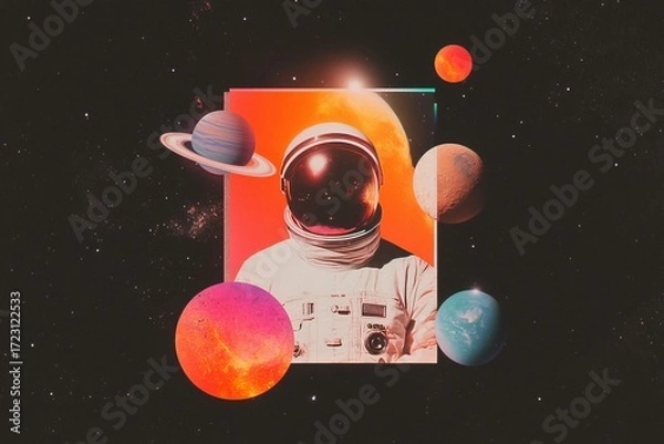 Fototapeta Retro futurism collage featuring an astronaut and planets in vibrant colors