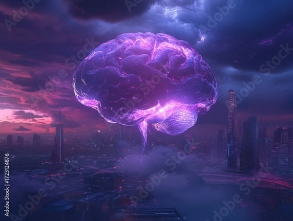 Fototapeta Futuristic scene of a giant holographic brain hovering above a sci-fi cityscape at dusk
