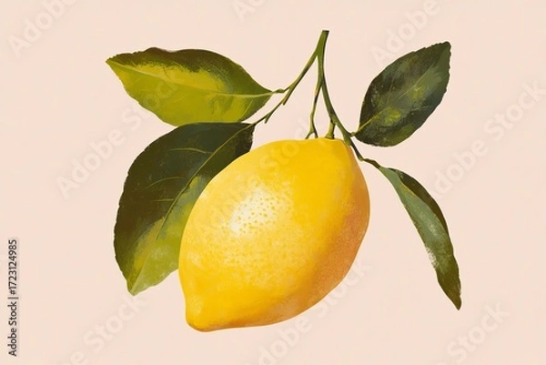Fototapeta Angular portrait illustration of lemon with green leaves for art and design concepts