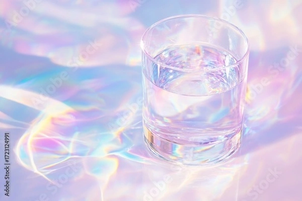 Fototapeta Chromatic glass cup filled with water reflecting vibrant light patterns on a surface