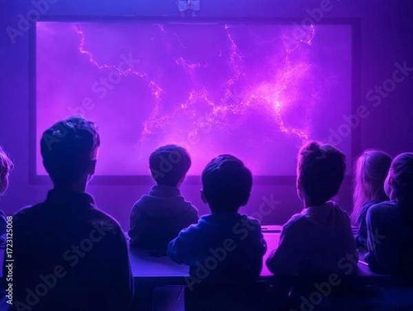 Fototapeta Futuristic classroom with children learning coding in a high-tech environment