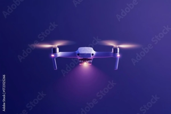Fototapeta Aerial drone in flight with illuminated lights against purple background