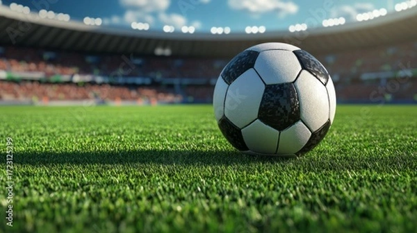 Fototapeta A soccer ball on a green stadium field in front of stands filled with fans is suitable for publications about sports and active recreation.