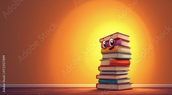 Fototapeta Stack of books with eyes and eyes on them
