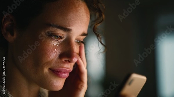 Fototapeta Emotional woman receiving negative comments on social media post digital space emotional expression intimate lighting close-up perspective