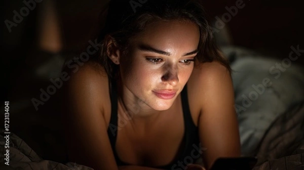 Fototapeta Late night insomnia woman checking phone in bedroom digital content relaxed environment intimate viewpoint struggling with sleep